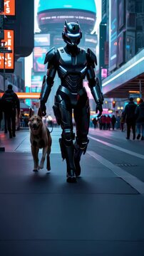 Robot Walks Dog on Leash in Futuristic City: A Companion in a Technologically Advanced World, vertical video