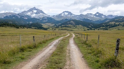 Mountain Meadow Road, Scenic Countryside, Open Road, Peaceful Landscape, Potential Stock Photo