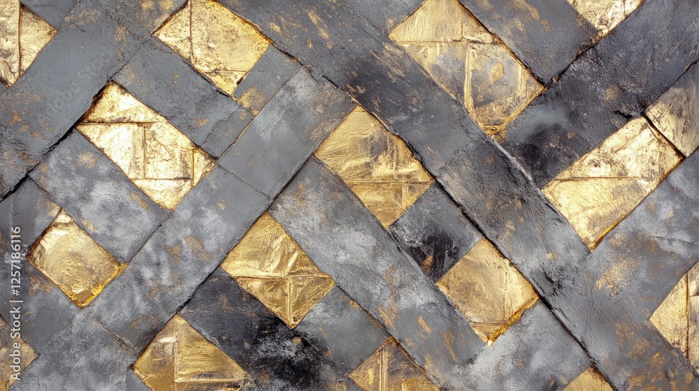 Poster Golden squares interweave with textured gray diagonal lines
