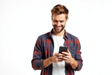 Happy young man standing and using his smartphone.  Cheerful and engaged with his mobile device. Suitable for mobile technology, communication, and lifestyle themes.
