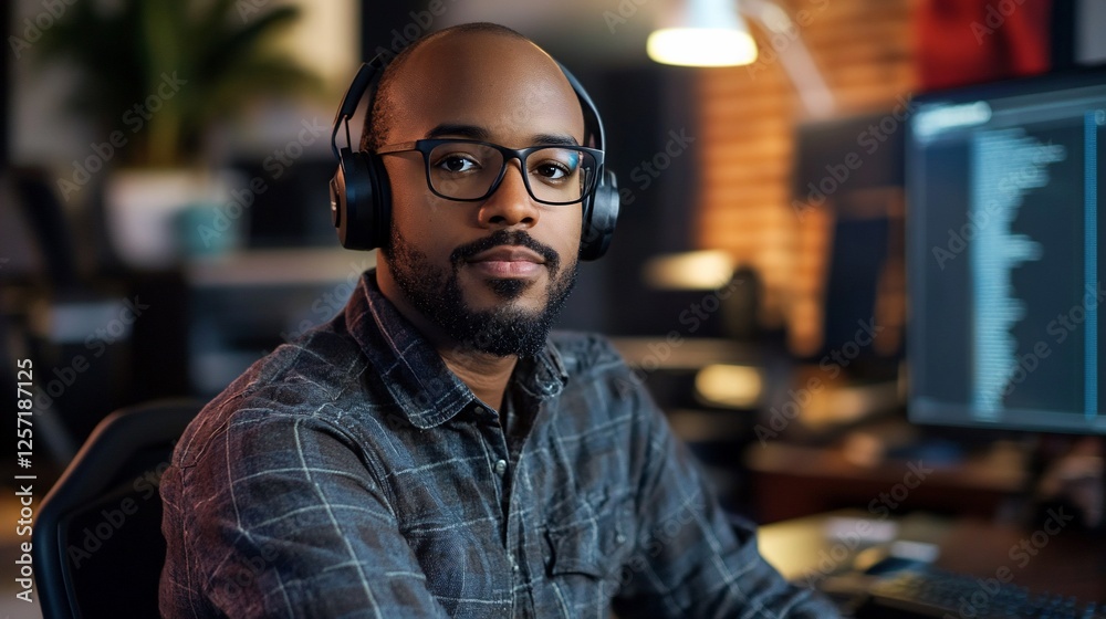 Poster focused programmer: a portrait of a software developer at work in his office
