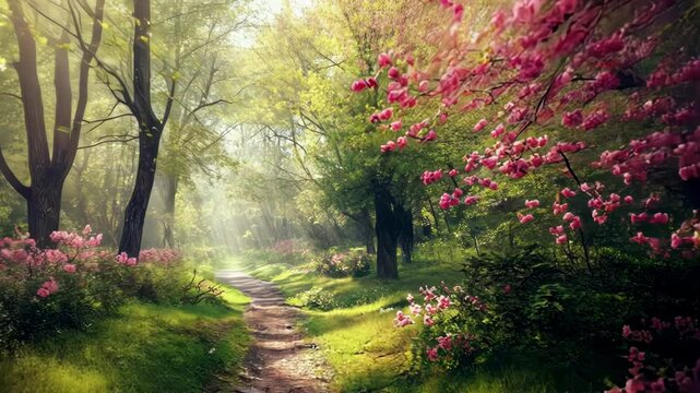 A serene forest path surrounded by blooming pink flowers.