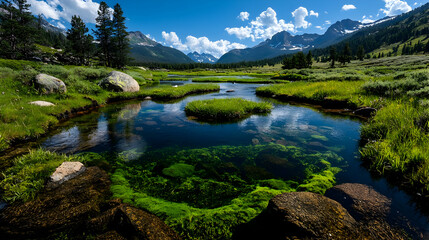 Fototapeta premium Clear mountain stream winds through a lush green alpine meadow under a bright blue sky.