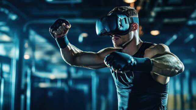 Immersive vr fitness, muscular man boxing in virtual reality gym setting