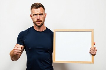 Fitness man holding a blank white frame.  Ideal for showcasing fitness-related content, messages, or promotions.