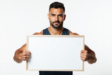 Fitness man holding a blank white frame.  Ideal for showcasing fitness-related content, messages, or promotions.