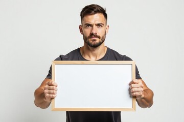 Fitness man holding a blank white frame.  Ideal for showcasing fitness-related content, messages, or promotions.