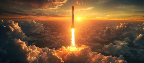 Rocket Launch at Sunset with Dramatic Clouds and Vibrant Sky Creating a Stunning and Inspirational Scene of Space Exploration