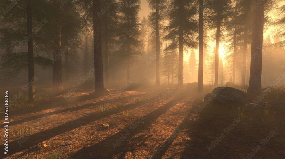 Poster sun shines through tall trees in a misty forest