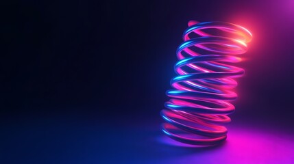 A shiny, coiled spring glows in neon light against a dark background. It's strong and can bounce back to its original shape when stretched or squeezed. 