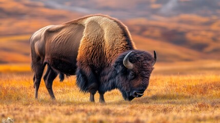 American bison grazing peacefully in a field of golden grass