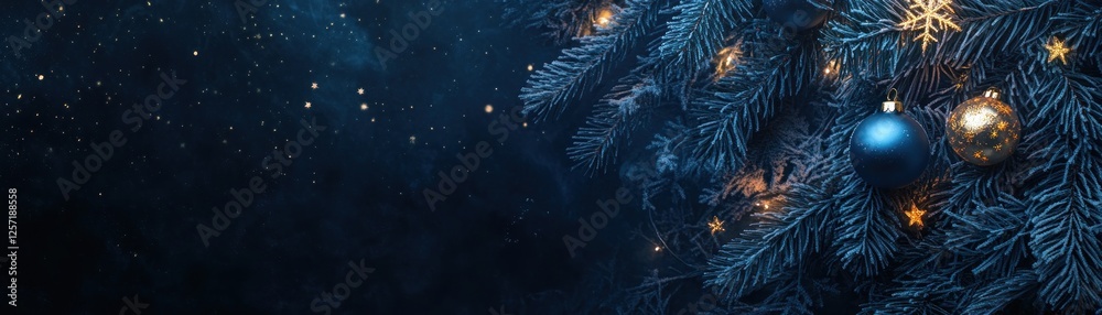 Poster christmas tree adorned with ornaments and lights in dark setting