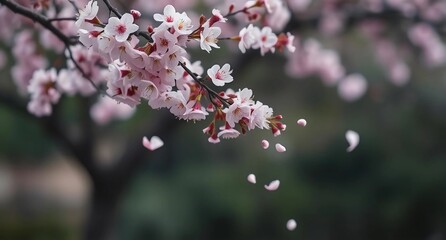 Close up view from pink cherry blossom sakura in spring and its beautiful flower petals falling