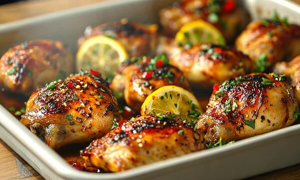 Juicy roasted chicken thighs with lemon and herbs, beautifully arranged in a baking dish