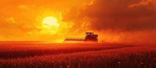 Fototapeta premium Stunning Sunset Over Agricultural Field with Tractor Harvesting Crops in Vibrant Orange and Red Sky
