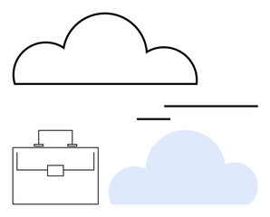 Outline cloud, light blue cloud, briefcase, abstract lines evoking data flow. Ideal for cloud storage, online services, business solutions, IT management, remote work security abstract line flat