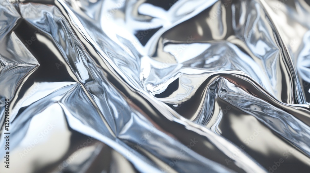 Poster gleaming metallic fabric drapes and folds with light reflections