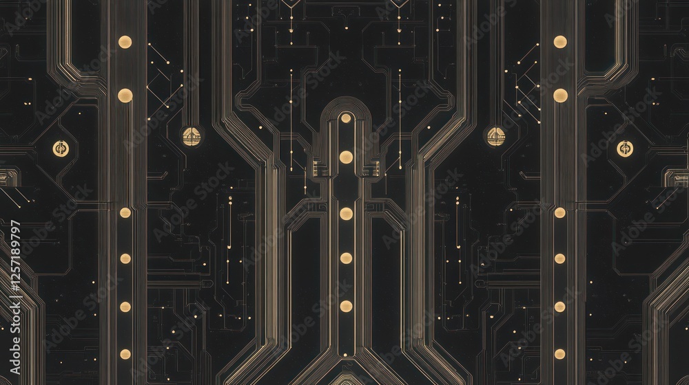 Poster Symmetrical abstract dark background featuring golden circuit board elements