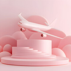 Pastel pink airplane with podium Plane take off and pastel background 3d render