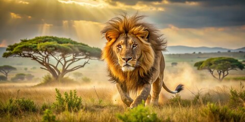 Majestic Lion Running Through Golden Grasslands Under Sunlight