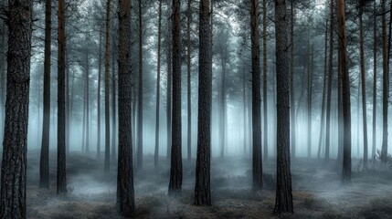 Naklejka premium A forest background showcasing a dark pine forest shrouded in a thick fog