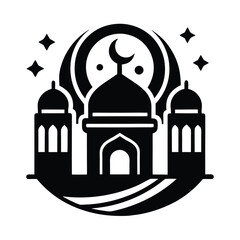 Obraz premium Mosque Icon: A simple yet powerful black and white silhouette of a mosque with minarets and a crescent moon, symbolizing faith, spirituality, and the architectural beauty of Islamic design