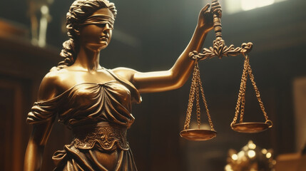 bronze statue of Lady Justice stands in courtroom, symbolizing fairness and impartiality. scales she holds represent balance of justice, while her blindfold signifies objectivity
