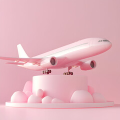 Pastel pink airplane with podium Plane take off and pastel background 3d render