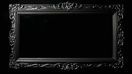 Vintage ornate black frame, elegant design, empty space for artwork, dramatic contrast, copy space