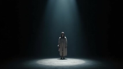 Obraz premium A dramatic stage with a single spotlight on a solitary actor, creating an intimate and powerful atmosphere. The dark surroundings emphasize the actor’s emotions and movements.