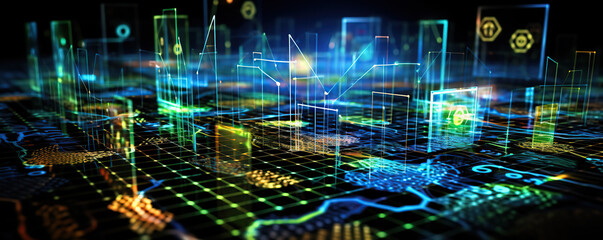 Fototapeta premium Modern digital landscape featuring glowing data visualizations and network connections at night