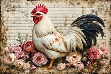 A white and black rooster stands beside a cluster of pink roses, with an old - fashioned brick - wall backdrop.