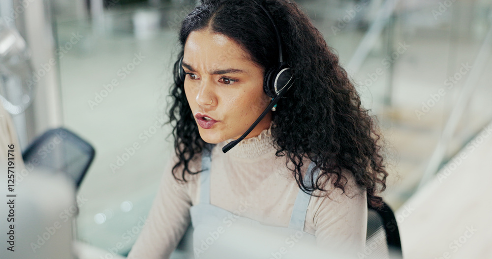 Aufkleber confused, woman and talk with headset at call centre of customer service, problem solving and crm st