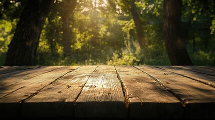 Sunlit Wooden Surface in a Serene Forest Environment