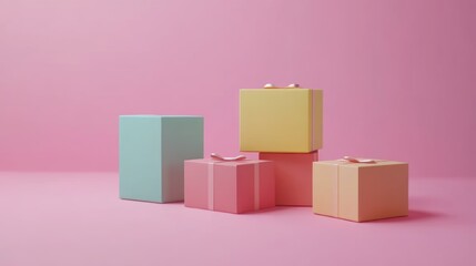Obraz premium Colorful packaging for presents and deliveries on a pinkish background. The idea of delivering gifts and packages for Valentine's Day, bringing joy. Shopping, discounts, and special offers.