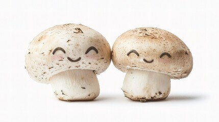 Whole and Half White Mushrooms with Cartoon Faces on Light Background
