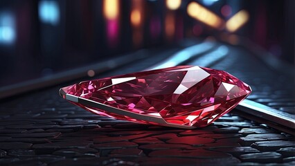 A large, faceted red gemstone resting on railroad tracks