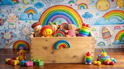 Colorful Wooden Toy Box with Plush Toys and Rainbow Background