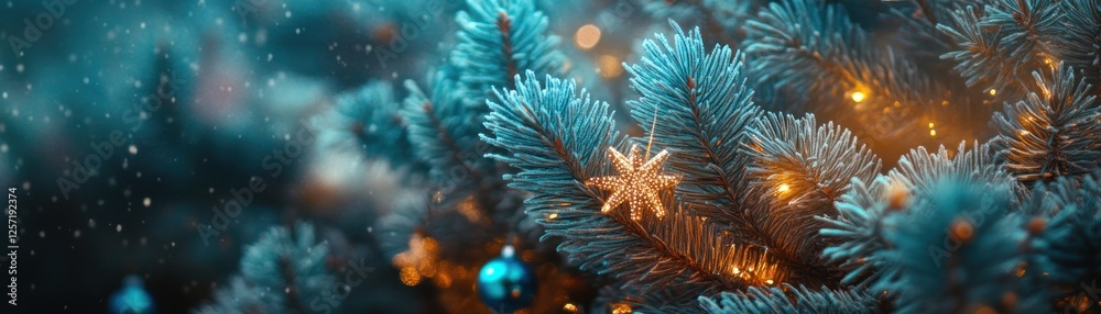 Poster christmas tree branches adorned with star ornament and string lights