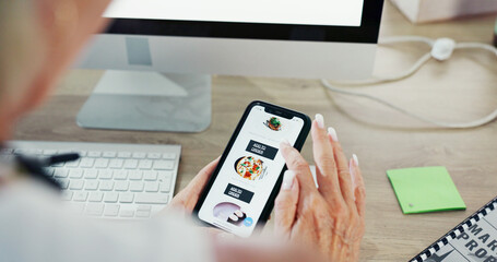 Phone screen, food delivery and hands of person in office for lunch, dinner and meal at work. Professional, online shopping and worker on smartphone for website ui, menu and takeaway choice on app