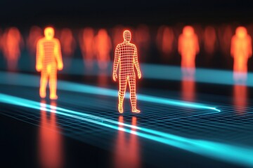Autonomous Driving Concepts. Futuristic digital humans in a glowing, abstract environment.