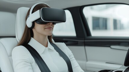 Autonomous Driving Concepts. Woman using virtual reality headset in a modern car interior.