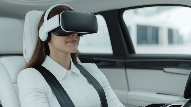 Autonomous Driving Concepts. Woman using virtual reality headset in a modern car interior.