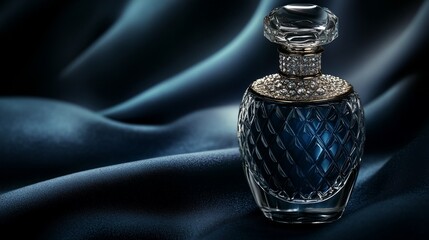 Luxury Blue Perfume Bottle on Dark Silk: Opulent Fragrance in Elegant Glass