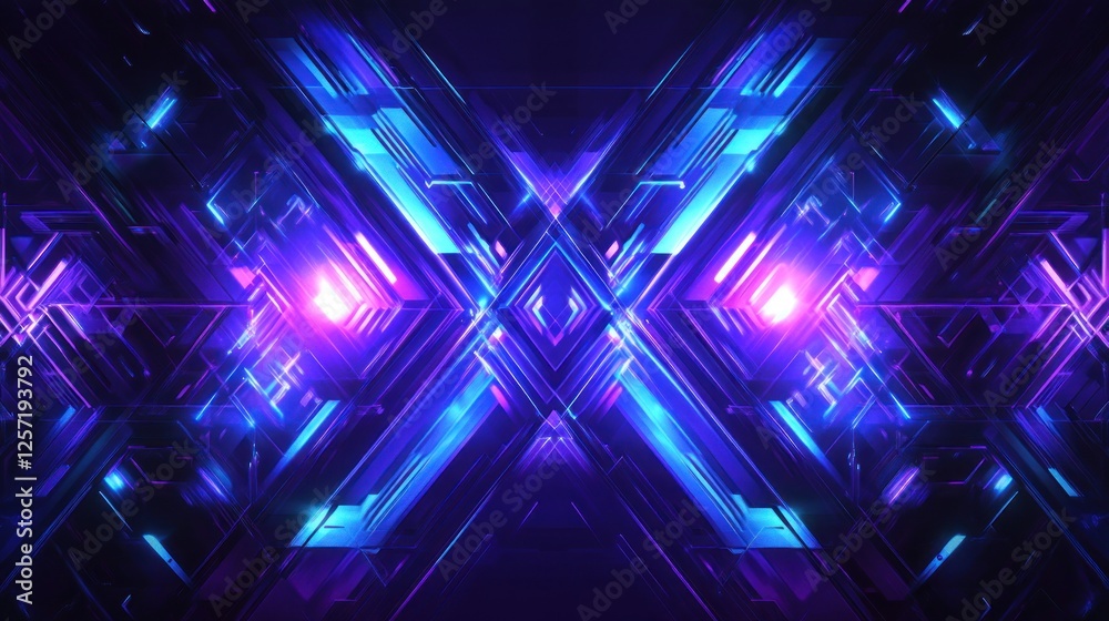 Poster abstract geometric pattern illuminated with neon blue and purple glow