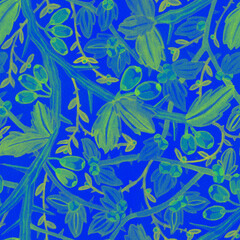 Seamless watercolor pattern of blue barberry, decorative nettle, mint. Hand painted vintage background. Rustic design for textile, packaging, fabric. Old-fashioned folk ornament in bright colors.