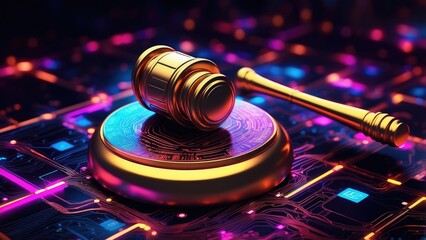 A judge's gavel is placed on a digitally rendered surface with glowing circuitry and binary code
