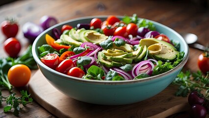 Two hands holding a bowl filled with a fresh salad consisting of avocado slices
