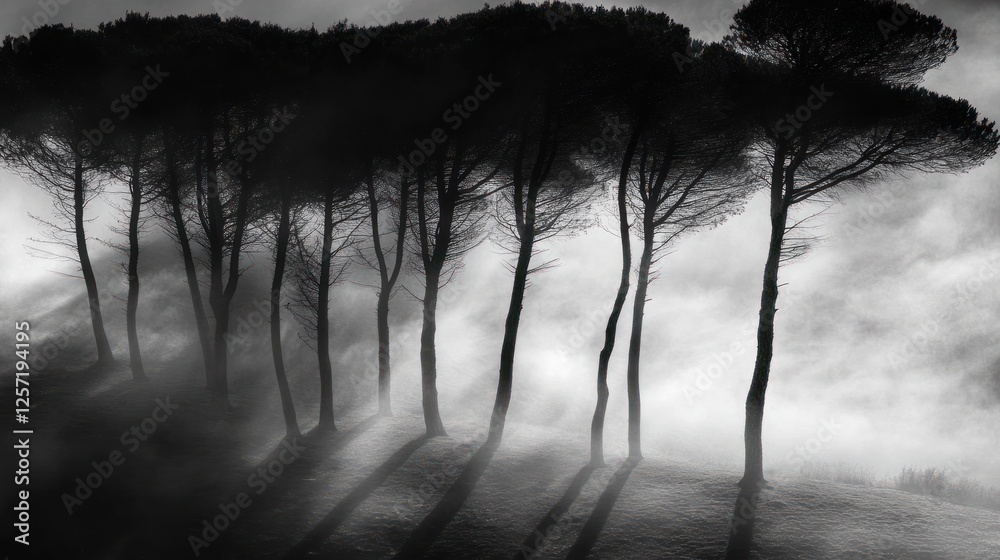 Poster trees stand tall amidst a blanket of ethereal fog