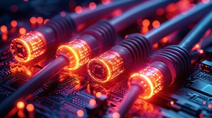 Network cables glowing on circuit board, futuristic server room